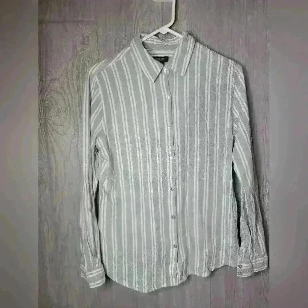 Jones and Co button-down long sleeve blouse.‎ Sage green and white striped.